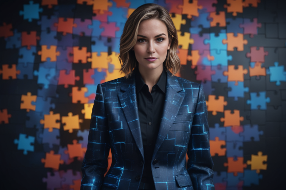 Frau in schickem Anzug vor wandfüllendem, buntem Puzzlehintergrund.