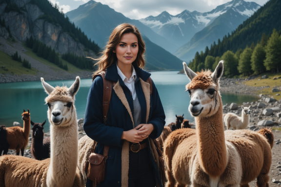 Frau steht mit Lamas vor einem malerischen Bergsee und Bergen im Hintergrund.