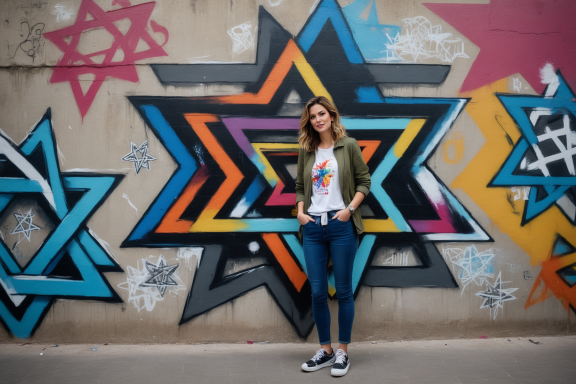 Junge Frau in lässiger Kleidung steht vor einer bunten Wand mit Sternenmotiv.