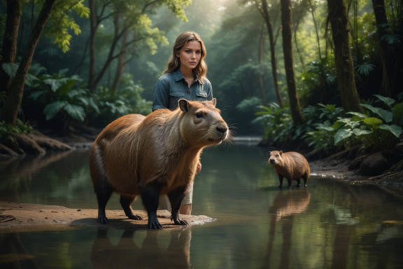 Eine Person steht im Wasser, neben ihr eine Capybara, umgeben von grüner, dschungelartiger Vegetation.