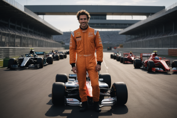 Ein Rennfahrer in orangeem Anzug steht vor mehreren Formel-1-Autos auf einer Rennstrecke.
