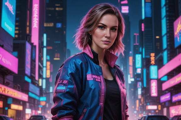 Frau mit kurz geschnittenem Haar in einer neonbeleuchteten Stadtlandschaft.