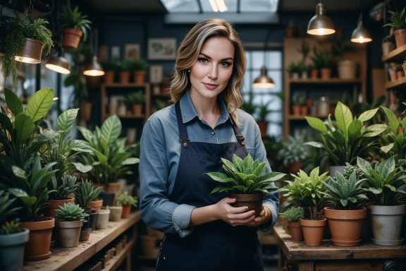 Frau mit Topfpflanze in einem Pflanzenladen mit vielen weiteren Pflanzen im Hintergrund.