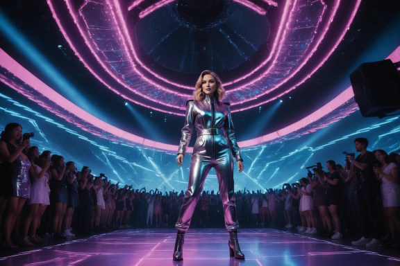 Eine Tänzerin in einem glänzenden Outfit steht auf einer Bühne vor begeistertem Publikum.