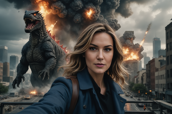 Eine Frau posiert vor einem riesigen Monster und explodierenden Gebäuden in einer Stadt.