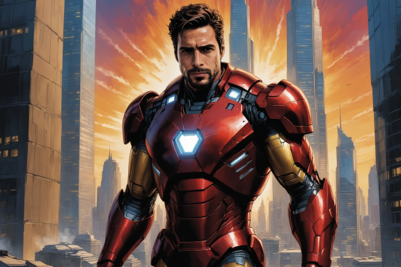 Iron Man in roter Rüstung steht vor einer futuristischen Stadt bei Sonnenuntergang.