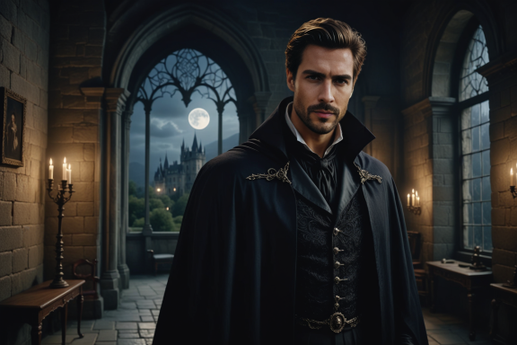 Männlicher Charakter in dunkler Kleidung vor einem Fenster mit Mondschein.