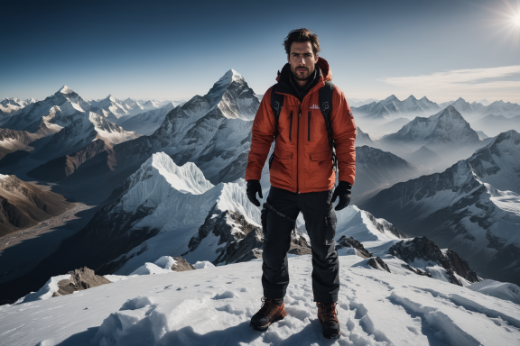 Bergsteiger in orangefarbener Jacke auf schneebedecktem Gipfel mit Bergen im Hintergrund.