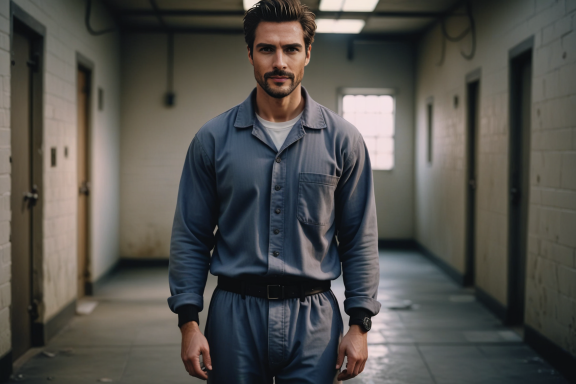 Mann in einer Gefängnisuniform steht in einem kargen Flur mit Türen.