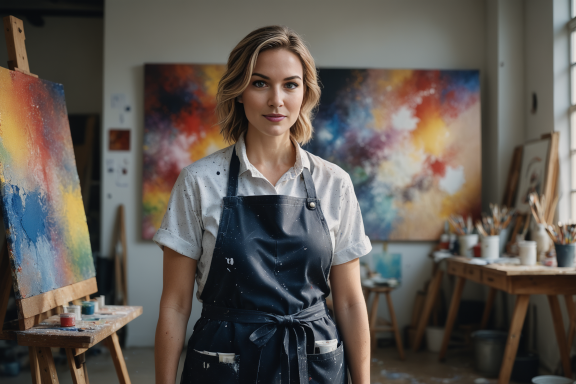 Künstlerin mit kurzer Frisur in einem Atelier, farbenfrohe Gemälde im Hintergrund.