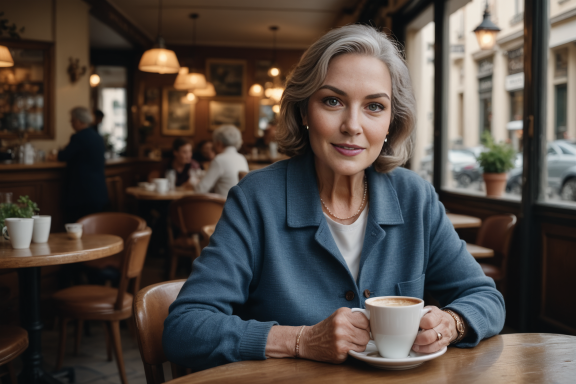 Ältere Frau mit grauen Haaren, die in einem Café eine Tasse Kaffee hält.