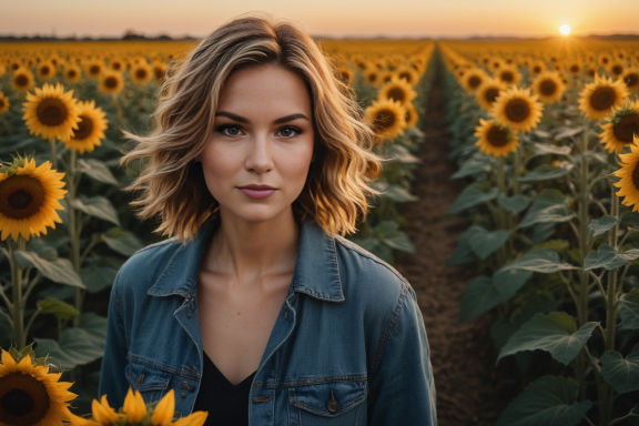 Frau mit kurzen Haaren steht in einem Sonnenblumenfeld bei Sonnenuntergang.
