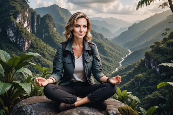 Frau sitzt im Lotussitz auf einem Felsen in einer bergigen, grünen Landschaft.