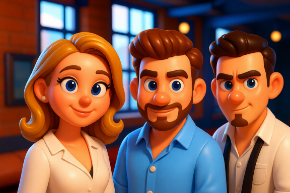 Drei cartoonartige Personen mit fröhlichen Gesichtern stehen zusammen.