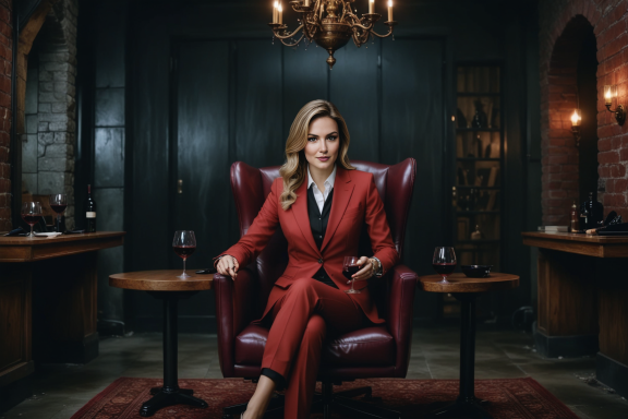 Frau in rotem Anzug sitzt selbstbewusst in einem eleganten Sessel mit einem Glas Wein.