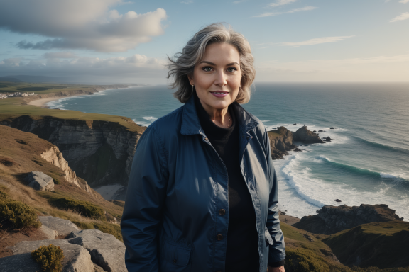 Frau mit grauen Haaren steht am Küstenkliff mit Blick auf das Meer.