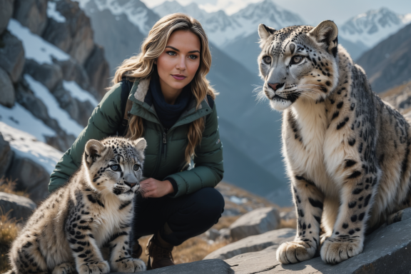 Frau kniet neben einem Schneeleoparden und ihrem Nachwuchs in bergiger Landschaft.