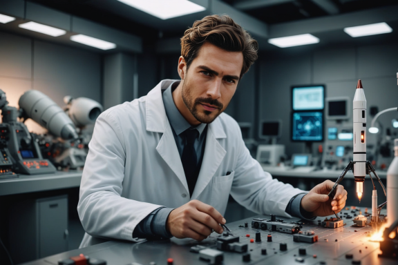 Wissenschaftler in Laborkleidung arbeitet an technischen Geräten und Modellen.