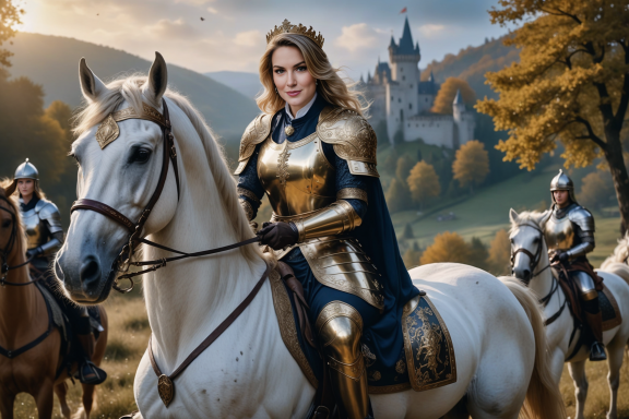 Ritterin in goldener Rüstung reitet auf einem weißen Pferd vor einer Burg.