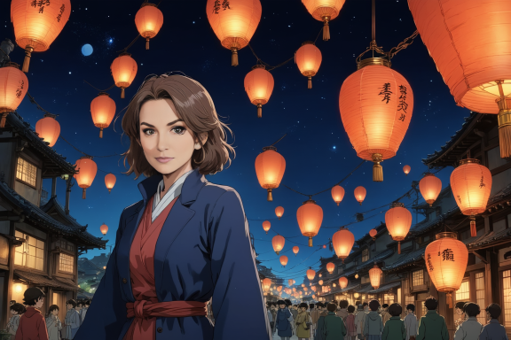 Frau in traditioneller Kleidung vor einer festlich beleuchteten Straßenszene mit Laternen.