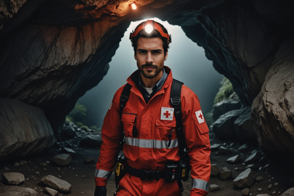 Rettungskraft in roter Uniform mit Helm in einer Höhle, beleuchtet von oben.
