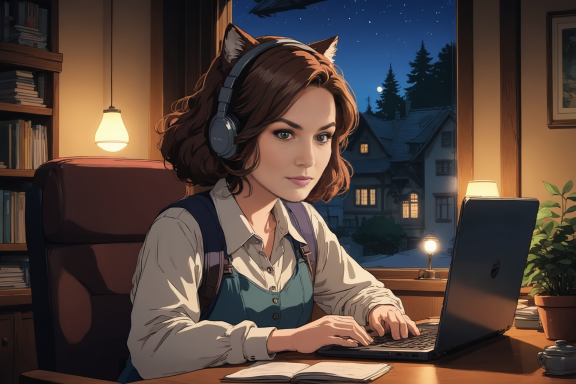 Frau mit Kopfhörern arbeitet an einem Laptop in einem gemütlichen Zimmer bei Nacht.