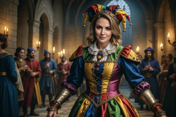 Frau in bunter historischer Kleidung mit einem fröhlichen Ausdruck in einem mittelalterlichen Raum.