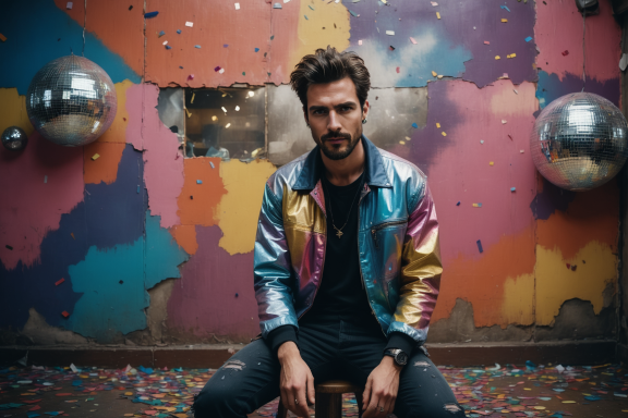 Mann in buntem Jackett sitzt vor einer farbenfrohen Wand mit Glitzer.