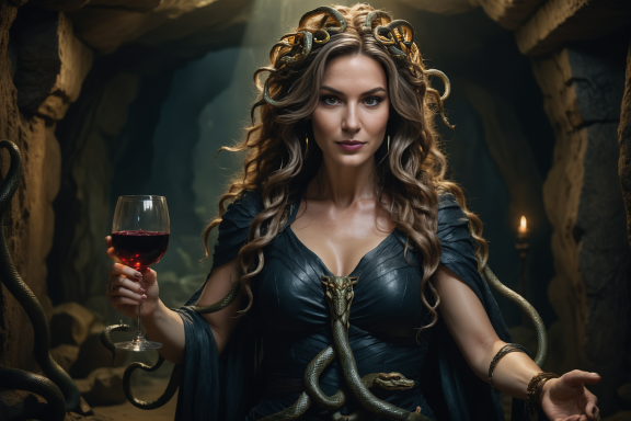 Frau mit Locken und Schlangen, hält ein Glas Wein in einer dunklen Umgebung.