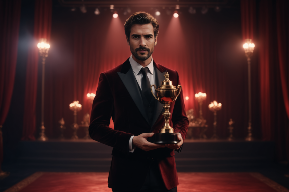 Mann in einem eleganten Anzug hält einen Award in einem festlichen Raum.