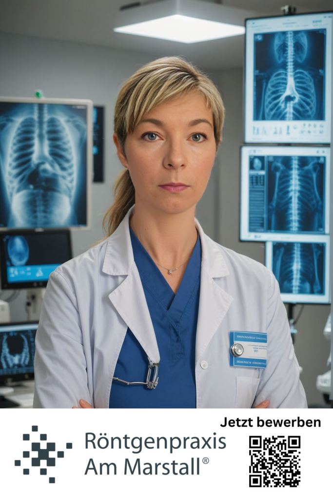Ärztin in Röntgenpraxis, stehend vor Röntgenbildern und Praxisinformationen.