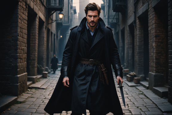 Ein geheimnisvoller Mann in einem langen Mantel geht durch eine historische Gasse.