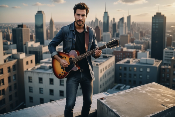 Mann mit einer Gitarre steht auf einem Dach mit Blick auf die Stadt skyline.