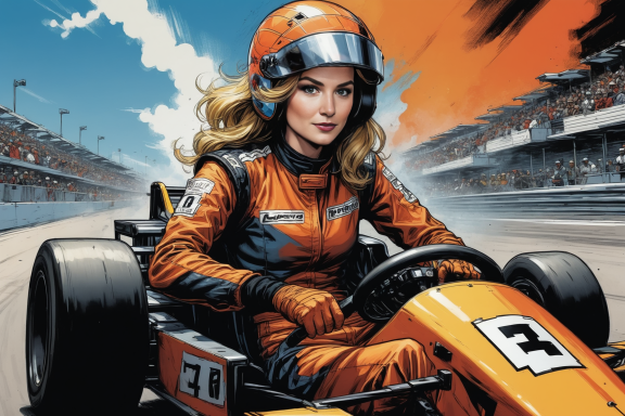 Frau im Rennanzug fährt in einem Formel-Rennauto auf einer Rennstrecke.
