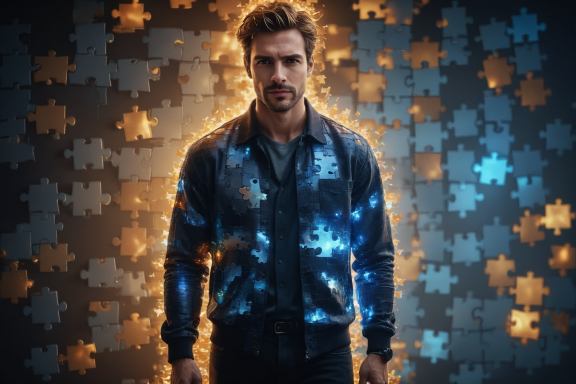 Mann in leuchtendem Jacket vor einem Hintergrund aus Puzzlestücken.