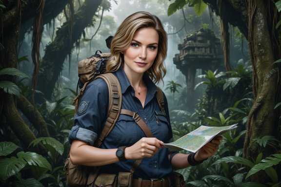 Frau im Dschungel mit Karte, abenteuerlich gekleidet, umgeben von Pflanzen.