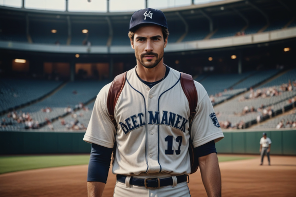 Ein Baseballspieler in Uniform steht auf dem Spielfeld eines Stadions.