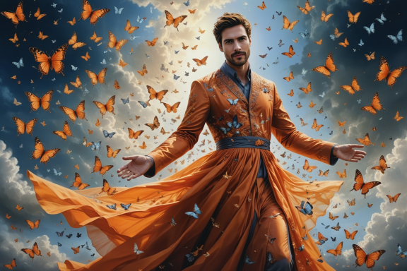 Mann in orange Gewand mit schmetterlingsförmigen Motiven, umgeben von fliegenden Schmetterlingen.