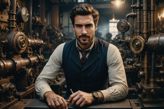 Mann mit Bart und Weste in einer industriellen Umgebung, schaut direkt in die Kamera.