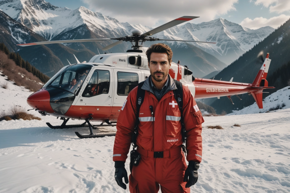 Rettungspilot in roter Jacke vor einem Hubschrauber in einer verschneiten Berglandschaft.