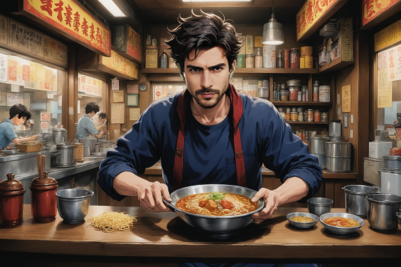 Ein Koch in einem Restaurant bereitet eine Schüssel Nudelsuppe mit frischen Zutaten vor.