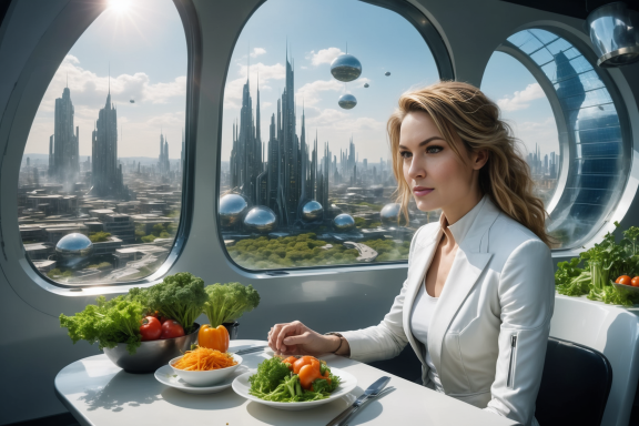 Frau sitzt am Tisch mit frischem Obst und Gemüse, Blick auf futuristische Stadtlandschaft.