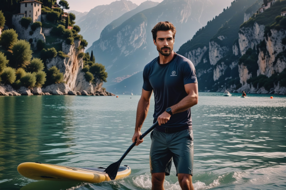 Mann paddelt auf einem See in gebirgiger Umgebung, trägt sportliche Kleidung.