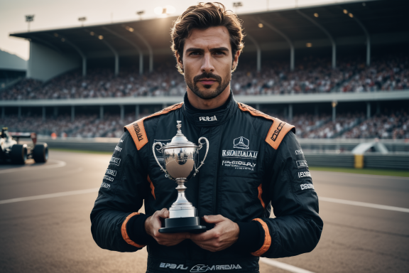 Mann in Rennfahreranzug hält einen Pokal vor einer Menschenmenge und Rennwagen.