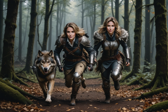 Zwei kriegerische Frauen in Rüstung rennen neben einem Wolf durch einen Wald.
