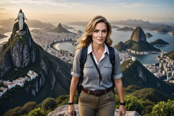 Frau in Outdoor-Kleidung wandert mit Blick auf Rio de Janeiro und die Christusstatue.
