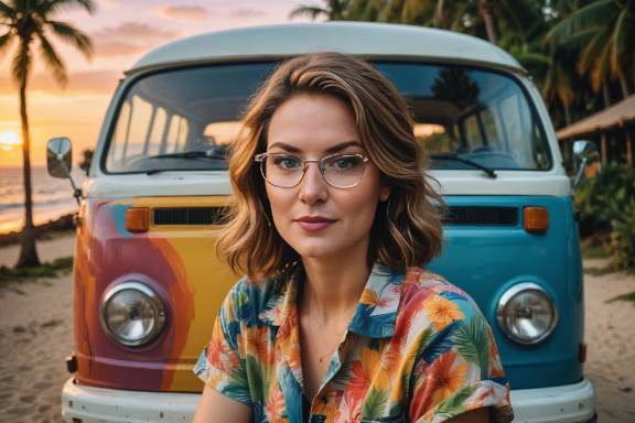 Junge Frau mit Brille, farbenfrohem Hemd und VW-Bus vor einem Sonnenuntergang am Strand.