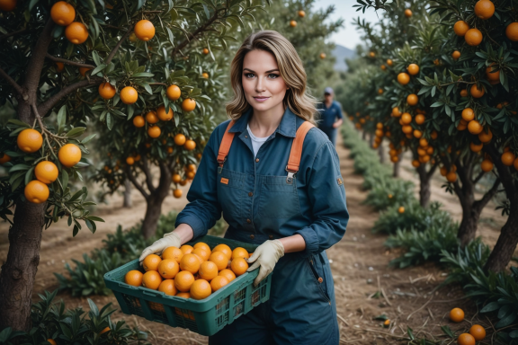 Frau in blauer Arbeitskleidung hält einen Korb mit Orangen in einem Obstgarten.