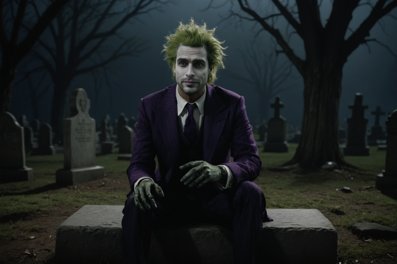 Ein clownesker Mann in lila Anzug sitzt in einem Friedhof mit düsterem Hintergrund.