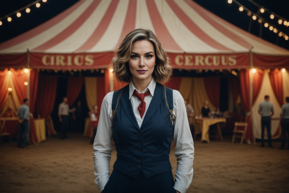 Frau mit blonden Haaren in Anzug vor einem Zirkuszelt mit Lichtern und Stühlen.